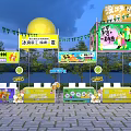 Promotional Display Stand With Yellow Decorations Orange Models And Green Streamers