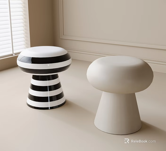 Modern Mushroom Shaped Stools With Black White Stripes And Cream Round Top 3d model 