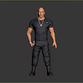 Bald Man With Muscular Build In Navy Blue T Shirt Pants Against Gray Background