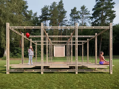 Wooden Frame Landscape Pavilion In Green Grassy Area With Surrounding Trees And People Relaxing 3d model