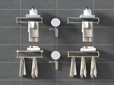 Modern Bathroom Wall Mounted Racks With Towels Toiletries And Round Mirror 3d model