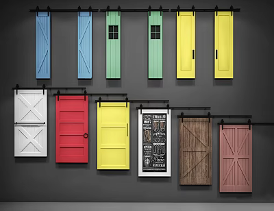 Colorful Barn Doors With Various Designs Hanging On Black Rails For Interior Decor 3d model