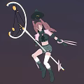 Woman with pink long ponytail black hat yellow decorations holding glowing sword in dark sky