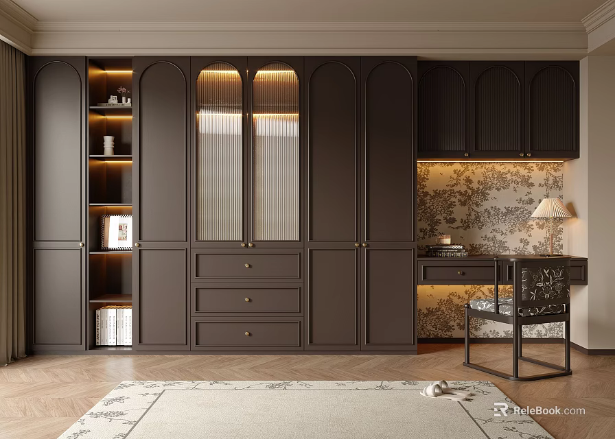 Elegant Dark Wardrobe Design With Glass Doors Storage Drawers And Built In Lighting 3d model 