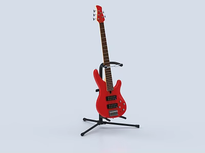 Stylish Red Electric Bass Guitar On Stand For Musical Instrument 3d model