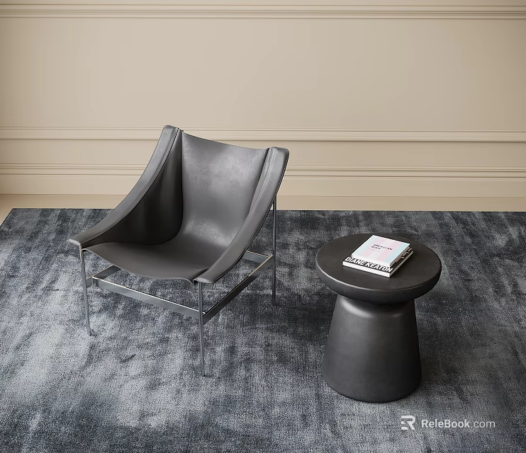 Gray Leather Lounge Chair With Round Side Table And Magazine On Gray Rug 3d model 