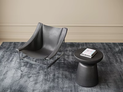 Gray Leather Lounge Chair With Round Side Table And Magazine On Gray Rug 3d model