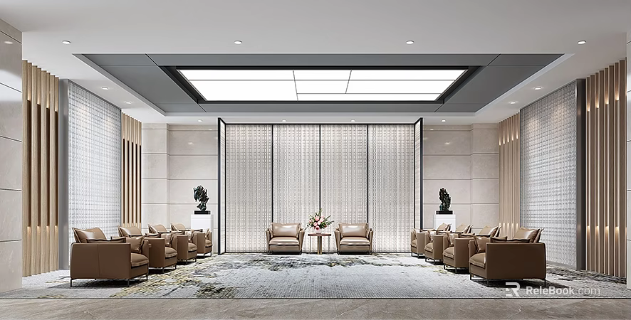 Modern Conference Room Interior Design With Brown Sofas Coffee Tables Area Carpet And Decorative Sculptures 3d model 