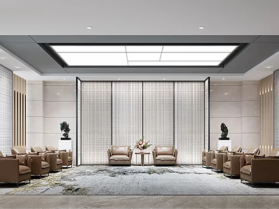 Modern Conference Room Interior Design With Brown Sofas Coffee Tables Area Carpet And Decorative Sculptures 3d model