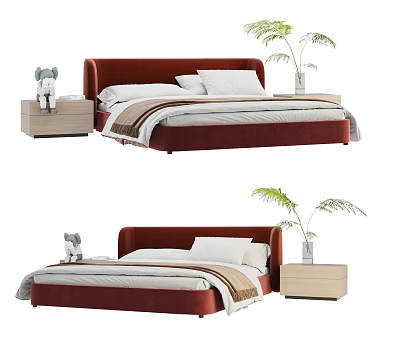 Red Upholstered Double Bed with White Beige Bedding Nightstand Stuffed Elephant and Potted Plant 3d model