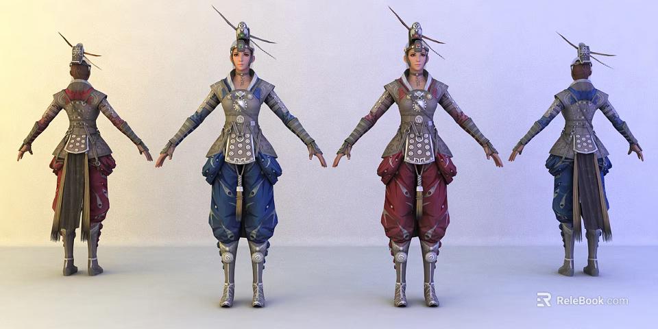 Game Movie Character Models In Armored Costumes With Feathered Headpieces And Colored Trousers 3d model 