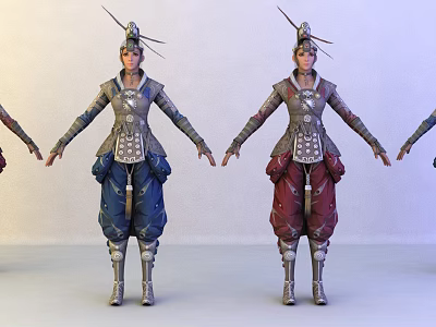 Game Movie Character Models In Armored Costumes With Feathered Headpieces And Colored Trousers 3d model