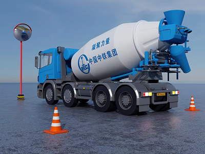 Blue And White Concrete Mixer Truck China Railway Group With Traffic Cones Spherical Road Sign 3d model