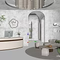 Elegant Modern Beauty Salon Interior With Reception Desk Chandelier Green Plants And Sofa Area
