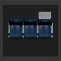 Three Blue Upholstered Furniture Seats With Side By Side Armrests And Metal Frames