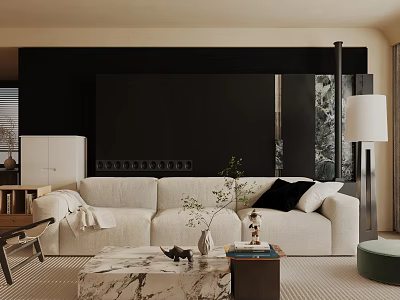 Modern Living Room Interior Design With White Sofa Black TV Wall And Marble Coffee Table 3d model