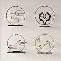 Elegant Chinese Style Decorative Ornament Set With Circular Frames Branches Clouds And Birds 3d model
