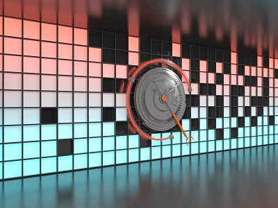 Colorful Square Tiles Wall Art Installation With Gradient Hues And Circular Mechanical Device 3d model