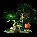 Magical Forest Scene With Big Tree Treehouse Spiral Staircase And Cartoon Characters