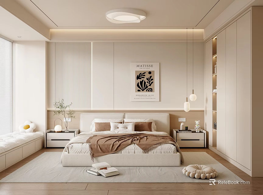 Modern Bedroom Interior Design With Large Bed Neutral Beige Tones Wooden Nightstands And Recessed Lighting 3d model 