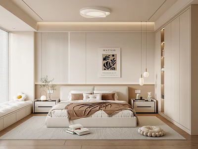 Modern Bedroom Interior Design With Large Bed Neutral Beige Tones Wooden Nightstands And Recessed Lighting 3d model