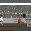 Modern Break Room Interior with Decorative Wall Shelves Cups White Cabinets And Colorful Chairs