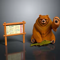 Sitting Bear with Raised Paw Next to Wooden Sign and Fish at Feet