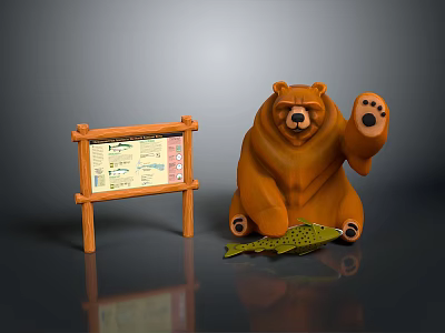 Sitting Bear with Raised Paw Next to Wooden Sign and Fish at Feet 3d model