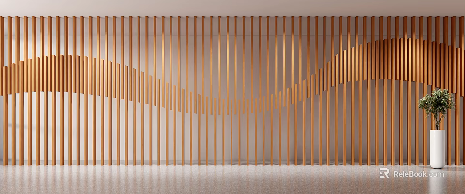 Modern Wooden Room Divider Interior Design With Vertical Slats And Wavy Pattern 3d model 