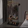 Stylish Clothes Rack With Hanging Neutral Tones Clothes Handbag Scarves Gloves And Boots In Bedroom