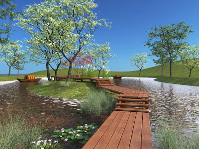 Natural Waterfront Landscape With Wooden Boardwalk Trees Grass And Water Plants 3d model