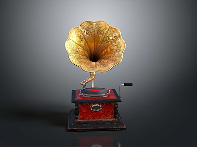 Vintage Gramophone With Golden Horn Red Base Turntable And Crank Handle 3d model