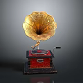 Vintage Gramophone With Golden Horn Red Base Turntable And Crank Handle