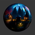 Enchanted Forest Night Scene With Full Moon Glowing Lanterns Stone Path Cottages And Colorful Flowers