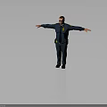 Man in dark blue uniform with badge wearing sunglasses and belt standing with arms outstretched