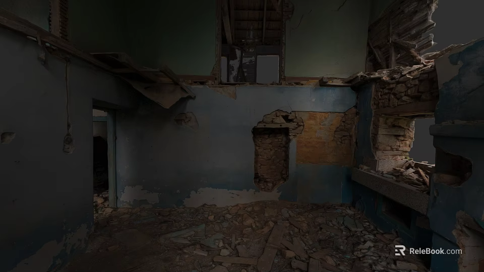 Abandoned Detached House Interior With Damaged Walls And Debris On Floor 3d model 