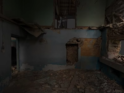 Abandoned Detached House Interior With Damaged Walls And Debris On Floor 3d model