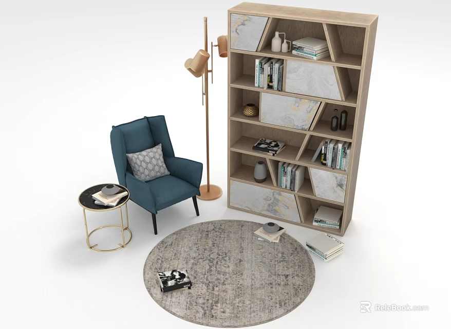 Modern Geometric Bookcase Design With Blue Armchair Floor Lamp And Decorative Books 3d model 