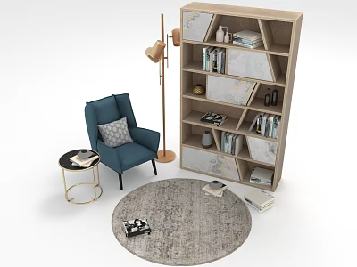 Modern Geometric Bookcase Design With Blue Armchair Floor Lamp And Decorative Books 3d model