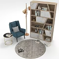 Modern Geometric Bookcase Design With Blue Armchair Floor Lamp And Decorative Books