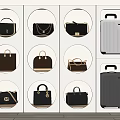 Luxury Leather Bags And Suitcases Collection In Wall Mounted Display Cabinet