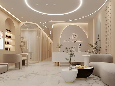 Modern Elegant Beauty Hair Salon With Curved Design Reception Desk Sofa Marble Floor Plants Lighting 3d model