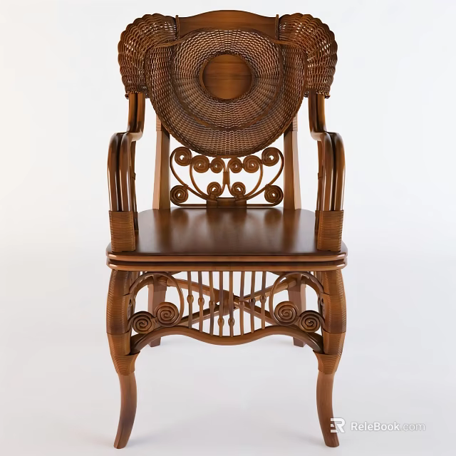 Traditional Wooden Armchair With Circular Rattan Back And Carved Armrests Ornate Legs 3d model 