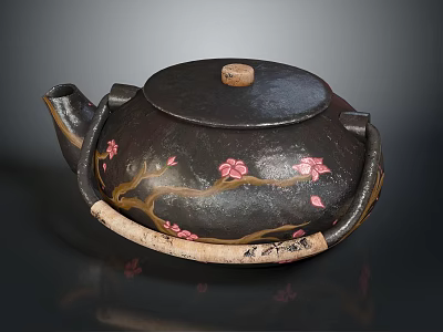 Traditional Handcrafted Black Tea Pot With Cherry Blossom Patterns Wooden Lid And Handle 3d model