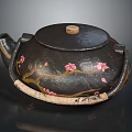 Traditional Handcrafted Black Tea Pot With Cherry Blossom Patterns Wooden Lid And Handle
