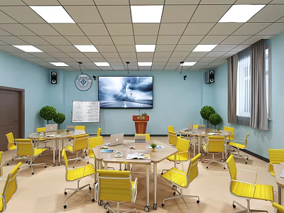 Spacious School Classroom with Yellow Chairs Whiteboard Large Screen Green Plants and Light Blue Walls 3d model