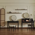 Stylish Dressing Tables Interior With Mirrors Rattan Screen Stool Chair And Wall Shelf