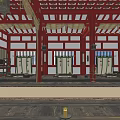 Ancient Architecture Interior With Red Beams Columns Traditional Decorations Wooden Tables And Mats On Floor