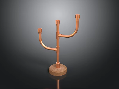 Stylish Copper Candle Holder With Three Arms And Wooden Base 3d model