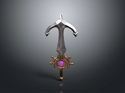 Fantasy Style Sword With Metallic Blade Curved Guard And Pink Gemstone Decoration 3d model
